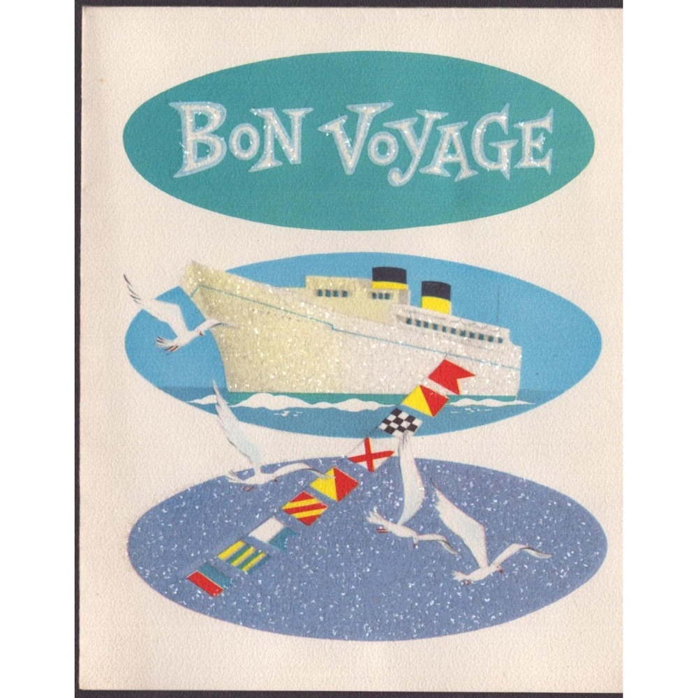 Vintage 1960s Bon Voyage Greeting Card Norcross Ocean Liner Seagulls Used